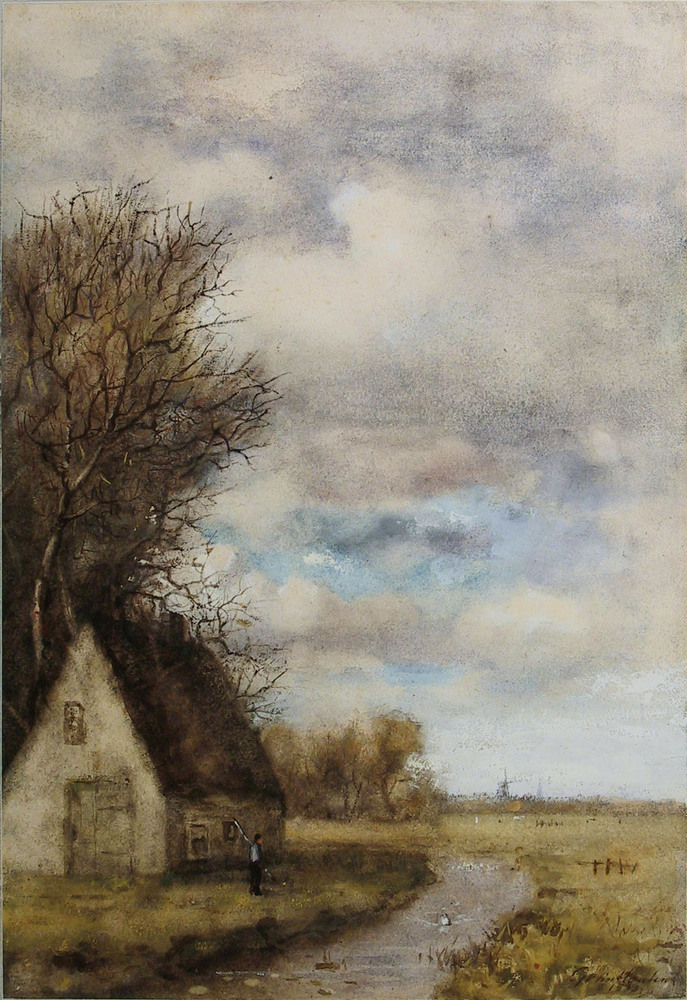 Landschap met schuur en bomen