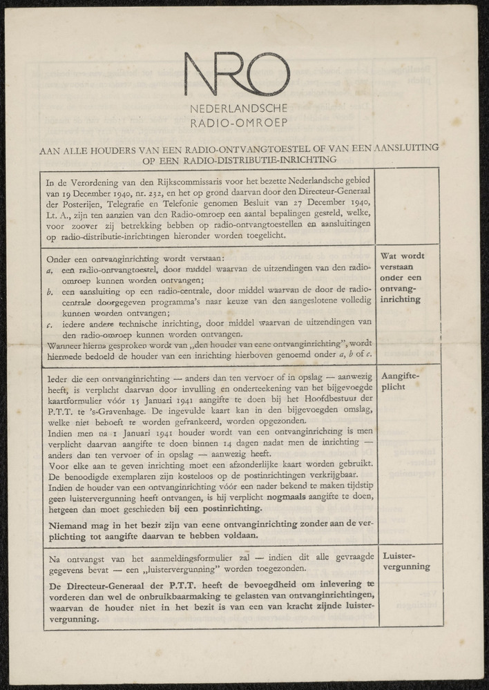 Document aangaande verplichting door te geven wanneer men in bezit is van een radio-ontvangtoestel of van een aansluiting op een radio-distributie-inrichting. 1940.