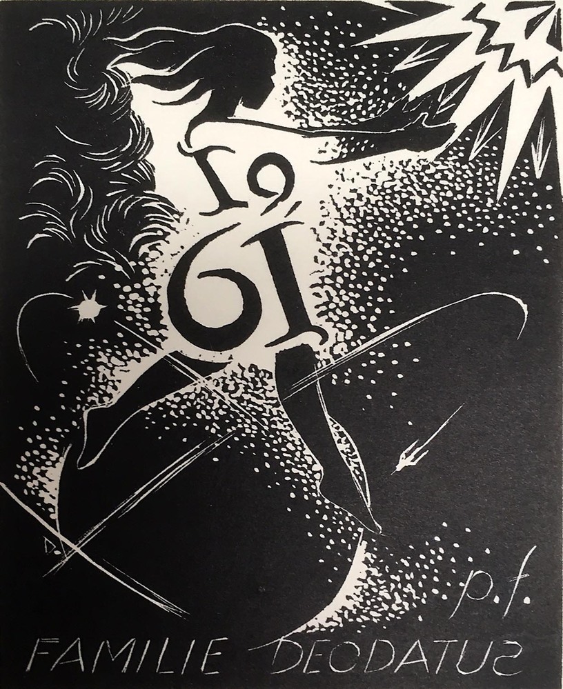 Houtgravure van Deodatus als nieuwjaarskaart