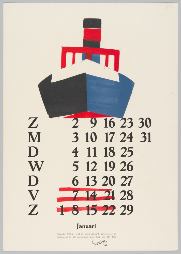 Twaalf kalenderbladen van het jaar 1955 met de hand verlucht, genummerd en gesigneerd in 60 exemplaren door Siep van den Berg. Nr. 16
