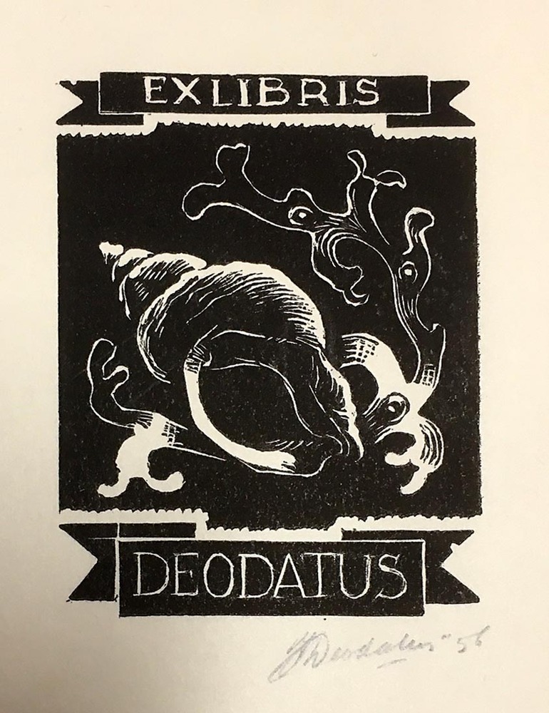 Houtgravure van Deodatus als exlibris