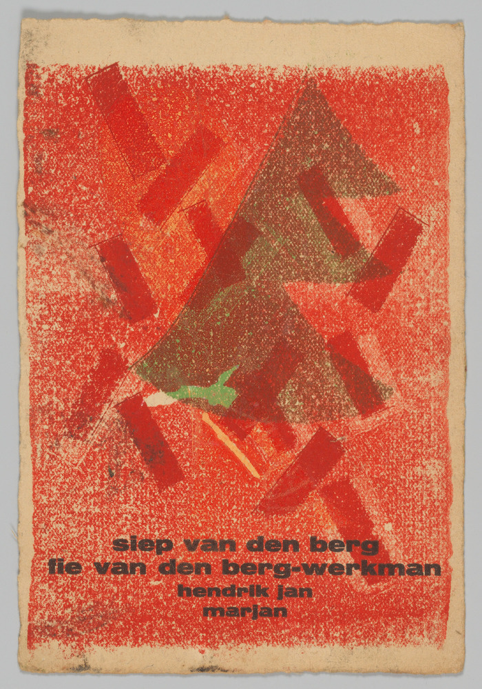 Gedrukte kaart in rood en groen met de namen: siep van den berg, fie van den berg-werkman, hendrik jan, marjan
