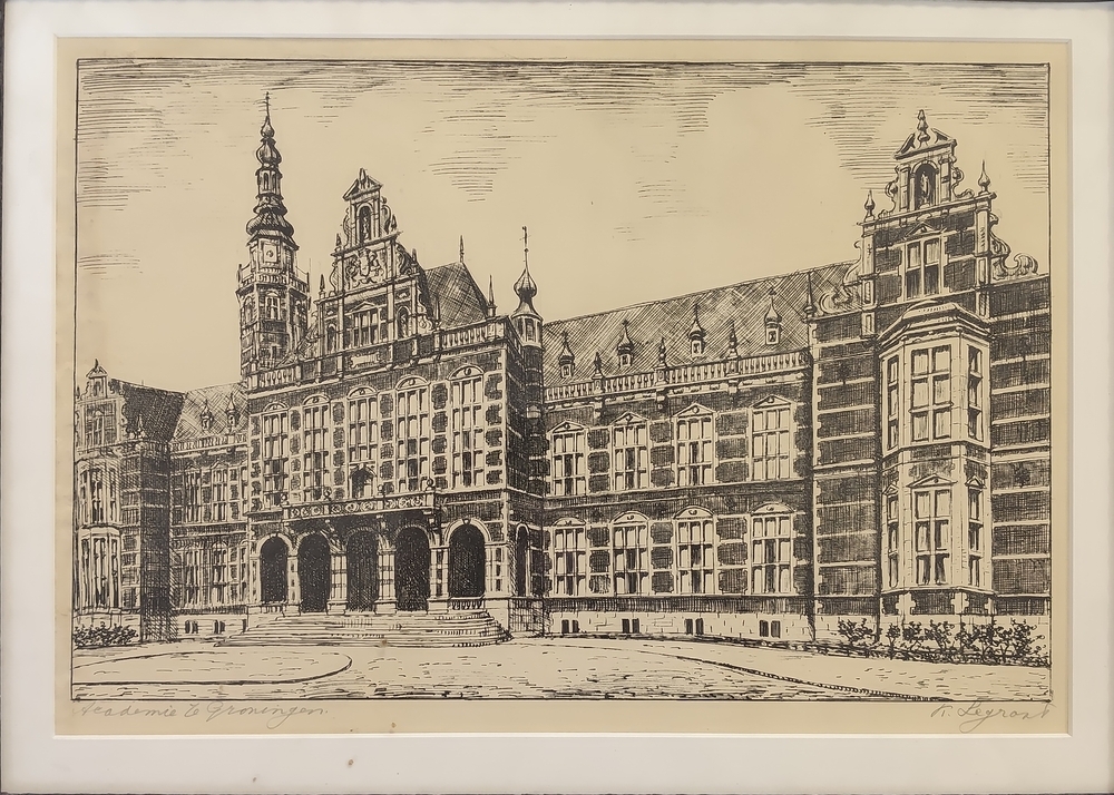 Lithografie van het Academiegebouw in Groningen.