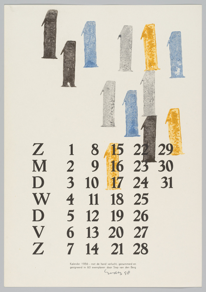 Twaalf kalenderbladen van het jaar 1956 gemaakt door Siep van den Berg. Met de hand verlucht, genummerd en gesigneerd in 60 exemplaren. Dit is nummer 58.