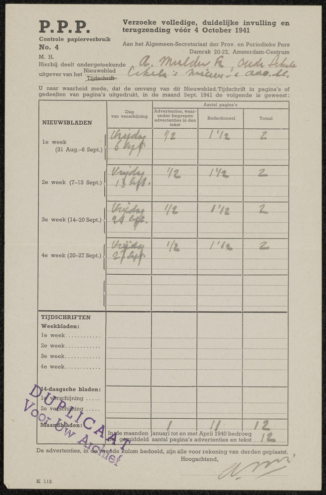 P.P.P. Controle papierverbruik No.4 aan Drukkerij Mulder over de maanden Januari tot en met April 1940