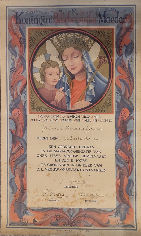 Document waarin Johannes Hendricus Geubels op 28 september 1941 zijn opdracht heeft gedaan in de Mariacongregatie te Groningen