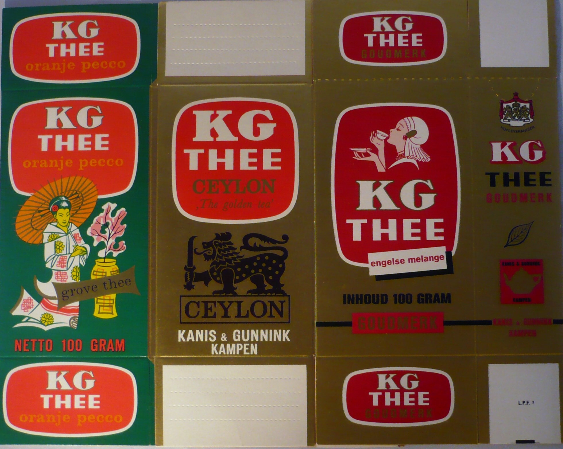 Verpakking Kanis en Gunnink Thee  voor de smaken Goudmerk, Ceylon en Oranje Pecco