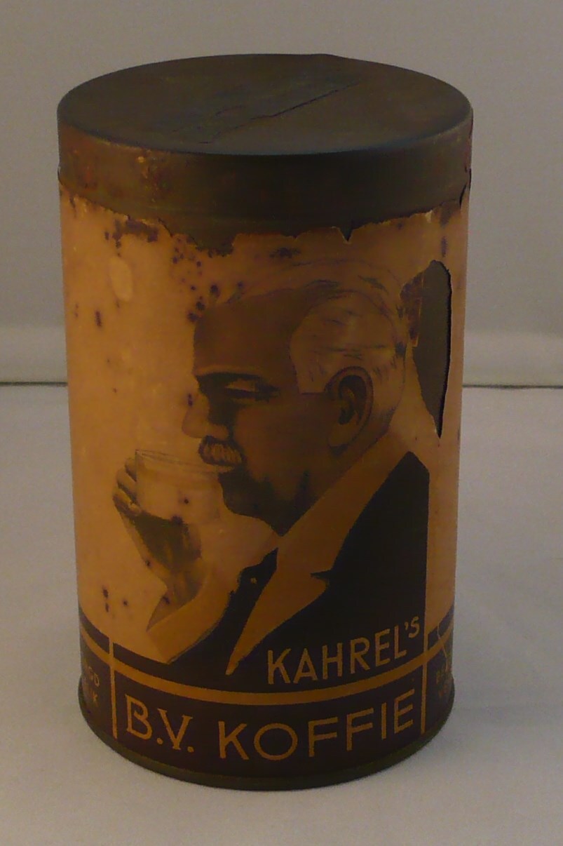 Blikverpakking Kahrel's Koffie met papieren wikkel