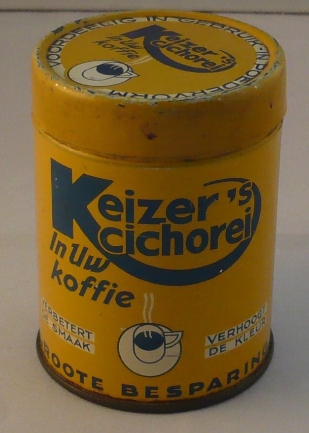 Gele blikverpakking Cichorei van de firma H. Keizer in Groningen