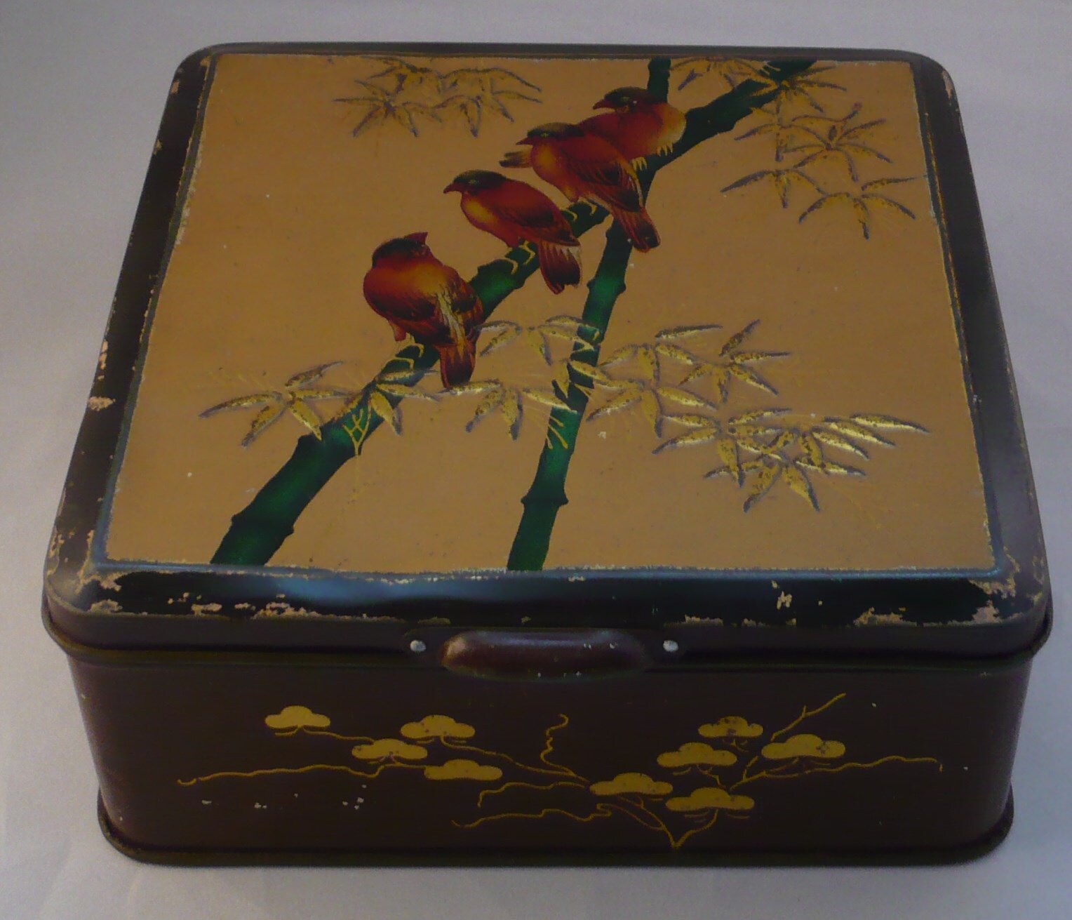 Koekblik met vogels van de firma K. Tiktak's koffie en Thee Groningen