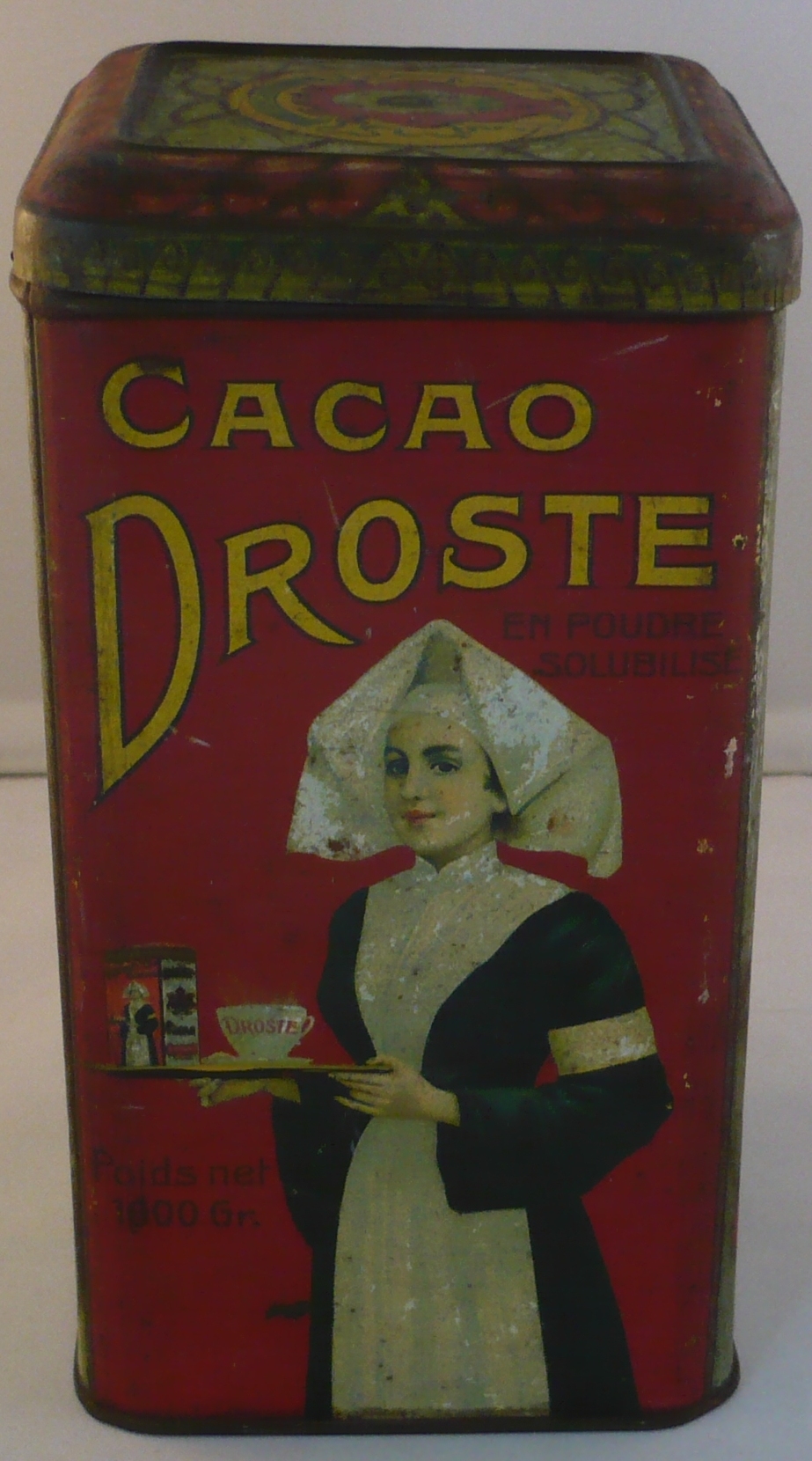 Droste cacaoblik met verpleegster, 1000 Grs. en poudre soulubilisé
