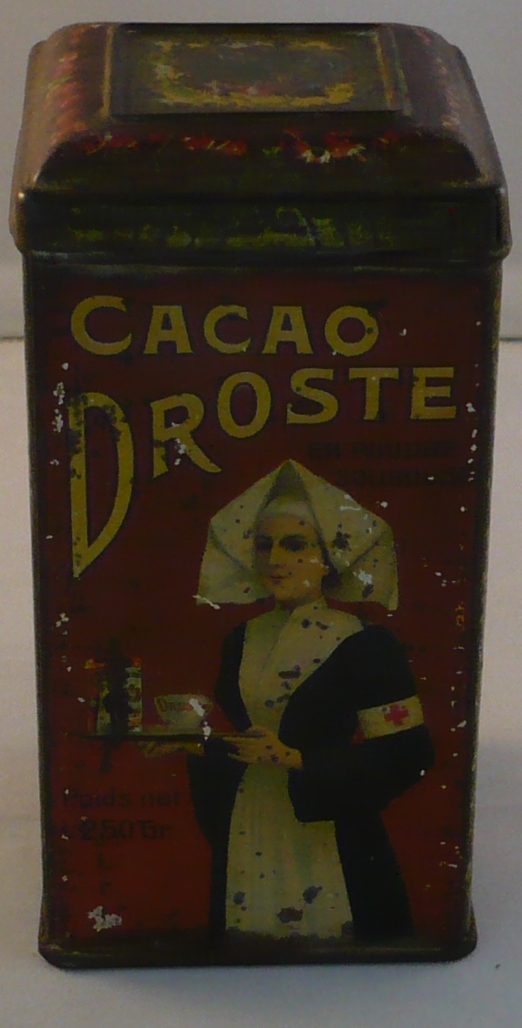 Droste Cacaoblik met verpleegster, treinscène en rood kruisje, 250 gram