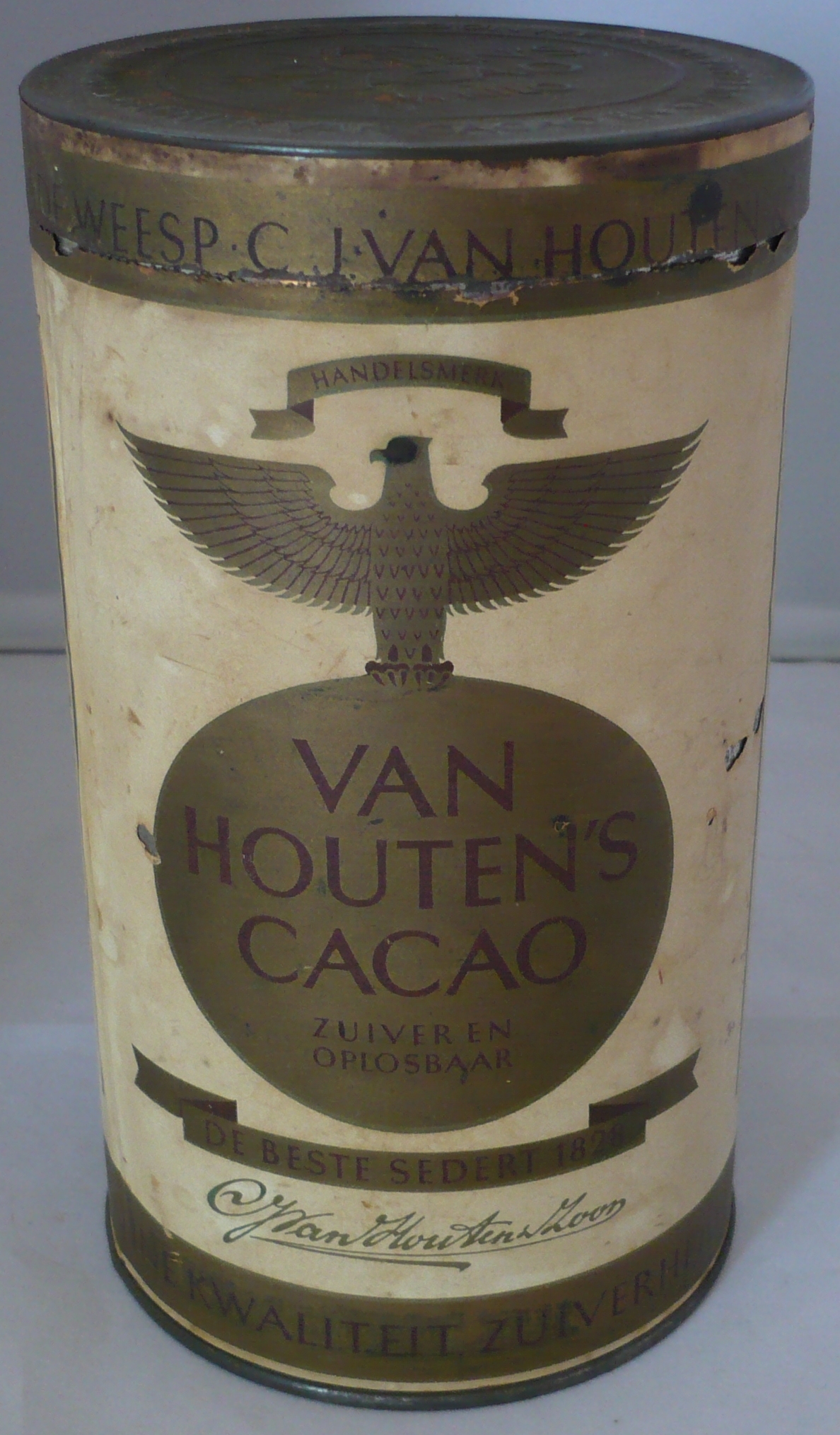 Bewaarblik Van Houten's Goudmerk Cacao met papieren wikkel