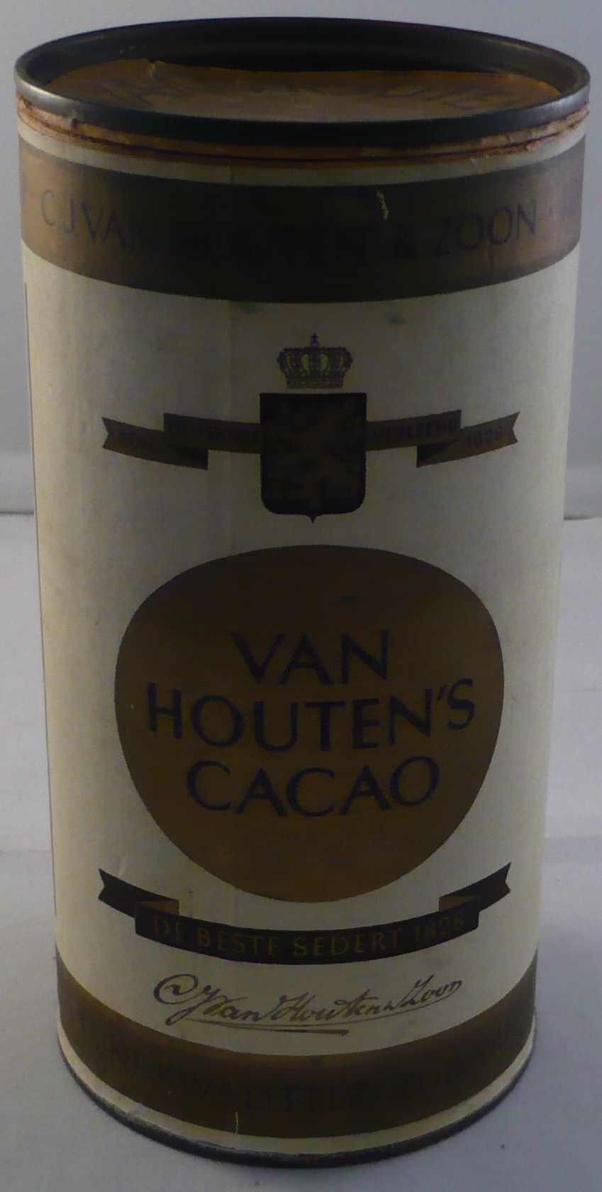 Kartonnen blikverpakking Van Houten's Goudmerk Cacao met papieren wikkel, 500 gram