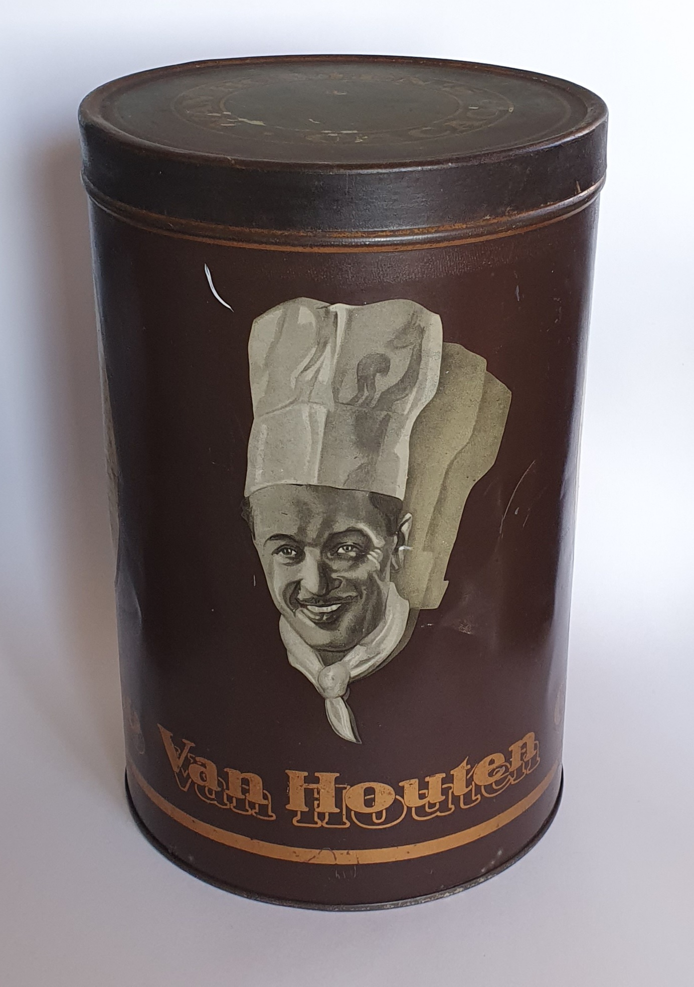 Van Houten bruin cacao winkelblik, 5 kg, met afbeelding van kok met koksmuts.