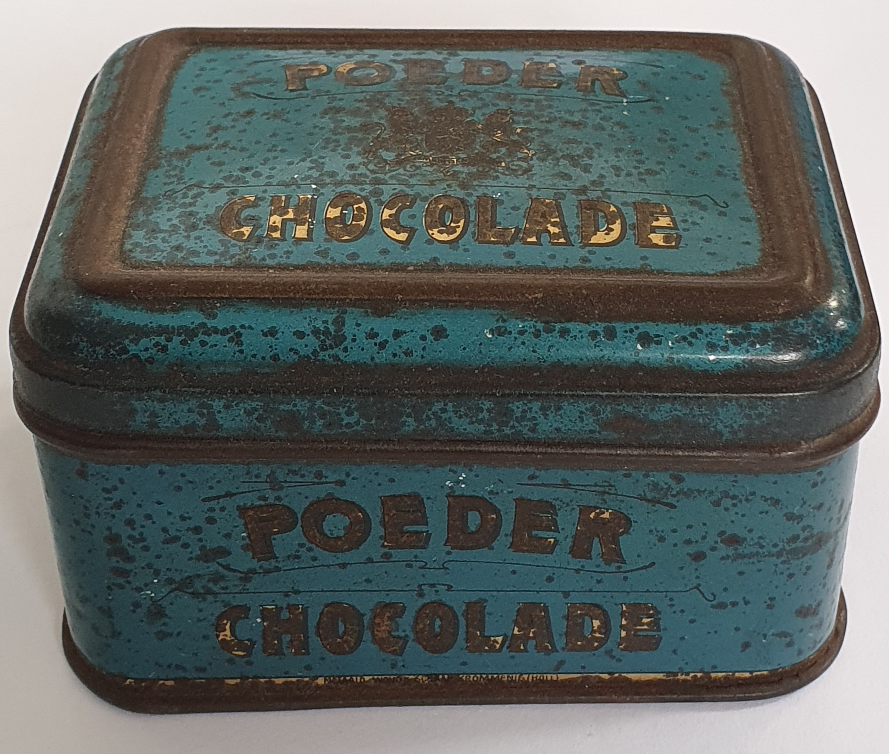 Poeder chocolade, groen-blauw blikje,