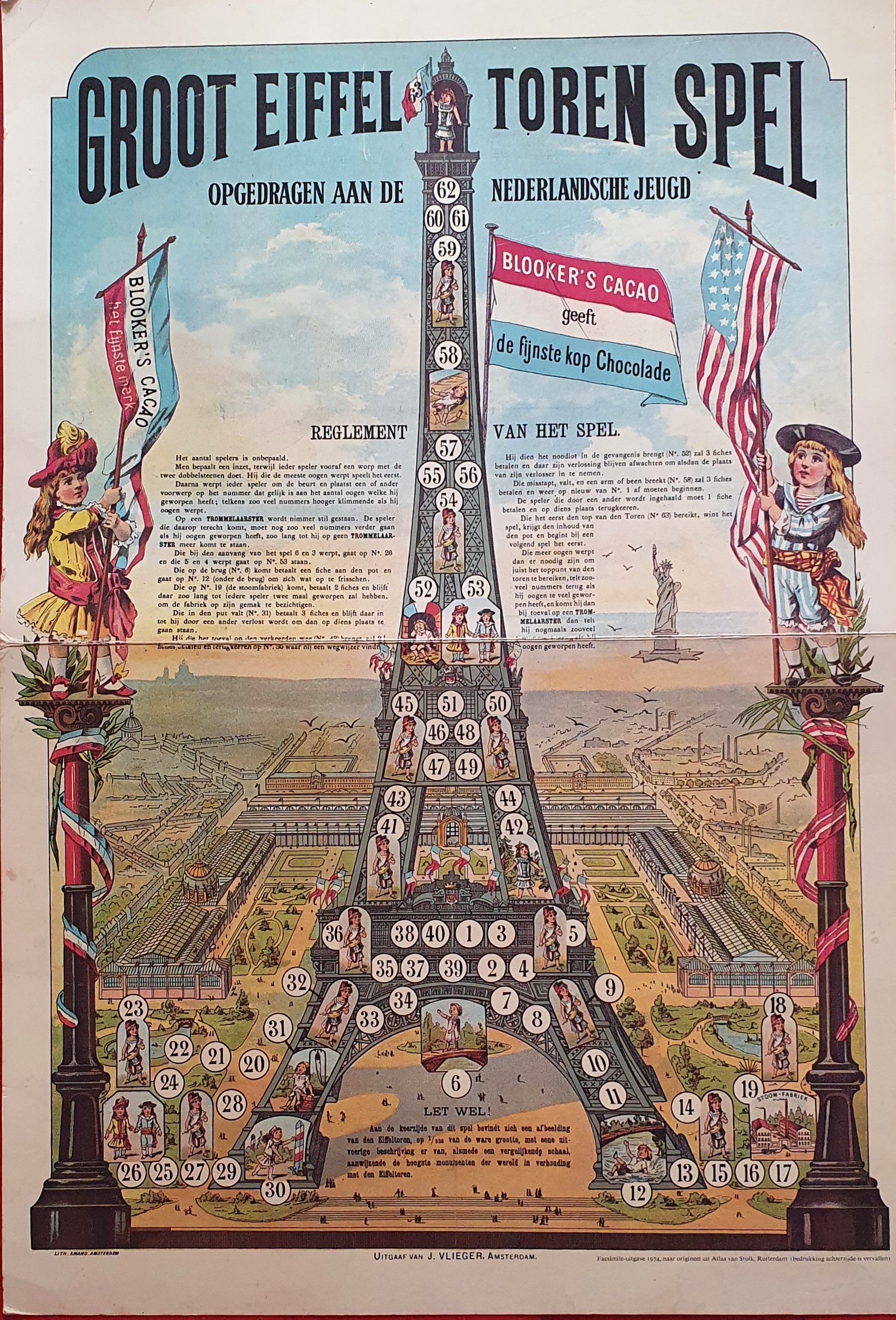 Blooker's cacao heruitgave speelbord van het Groot Eiffeltoren Spel.