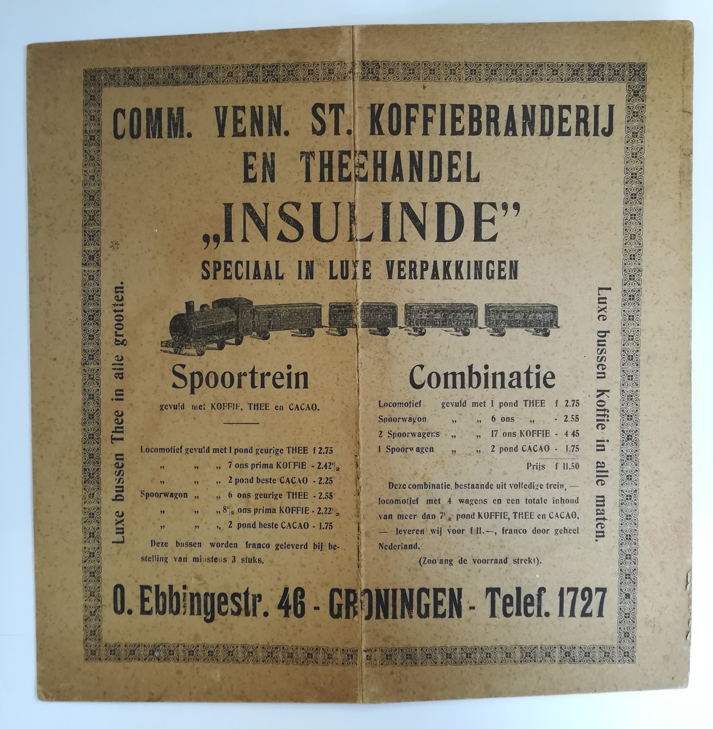 Spelbord van C.V. Insulinde Stoomkoffiebranderij en Theehandel, Groningen met reclame Luxe Spoortrein Combinatie  Verpakkingen