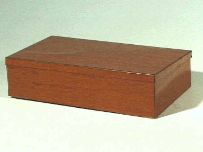 blikken doos met oranjebruine houtstructuur beschildering.