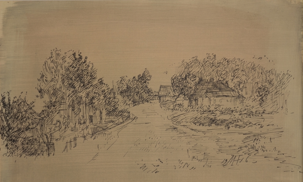 Weg met bomen en huizen.