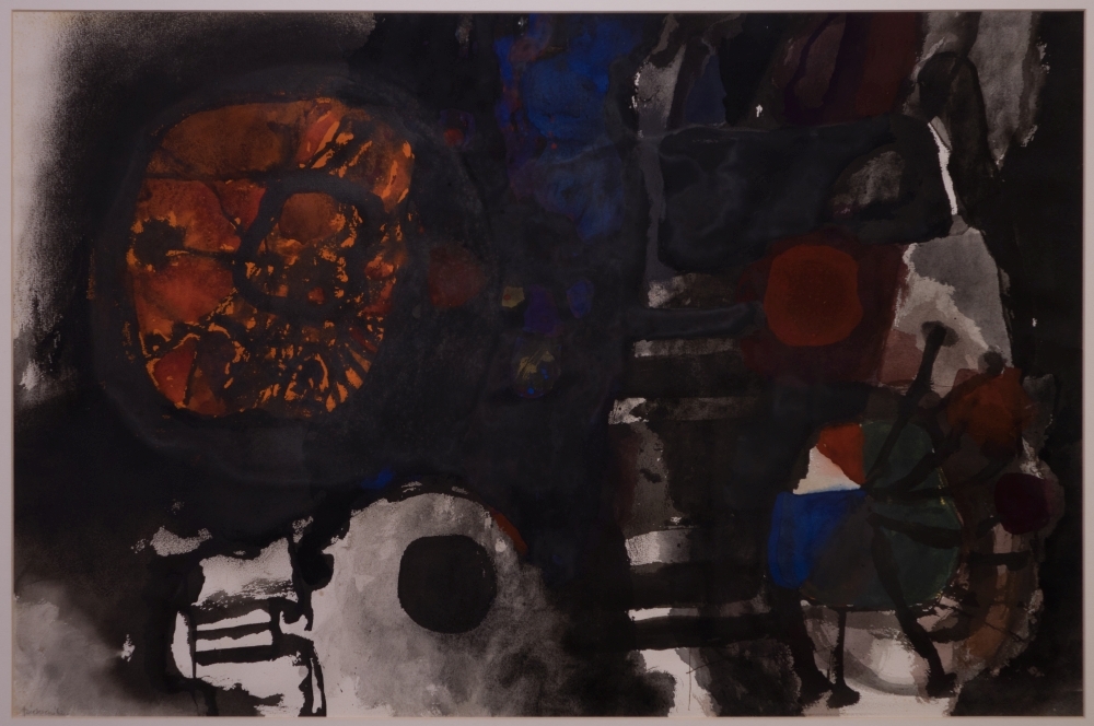 Yom Kipur
Abstracte voorstelling met voornamelijk ronde vormen tegen een zwart-grijze achtergrond met in het midden zwarte horizontale strepen.