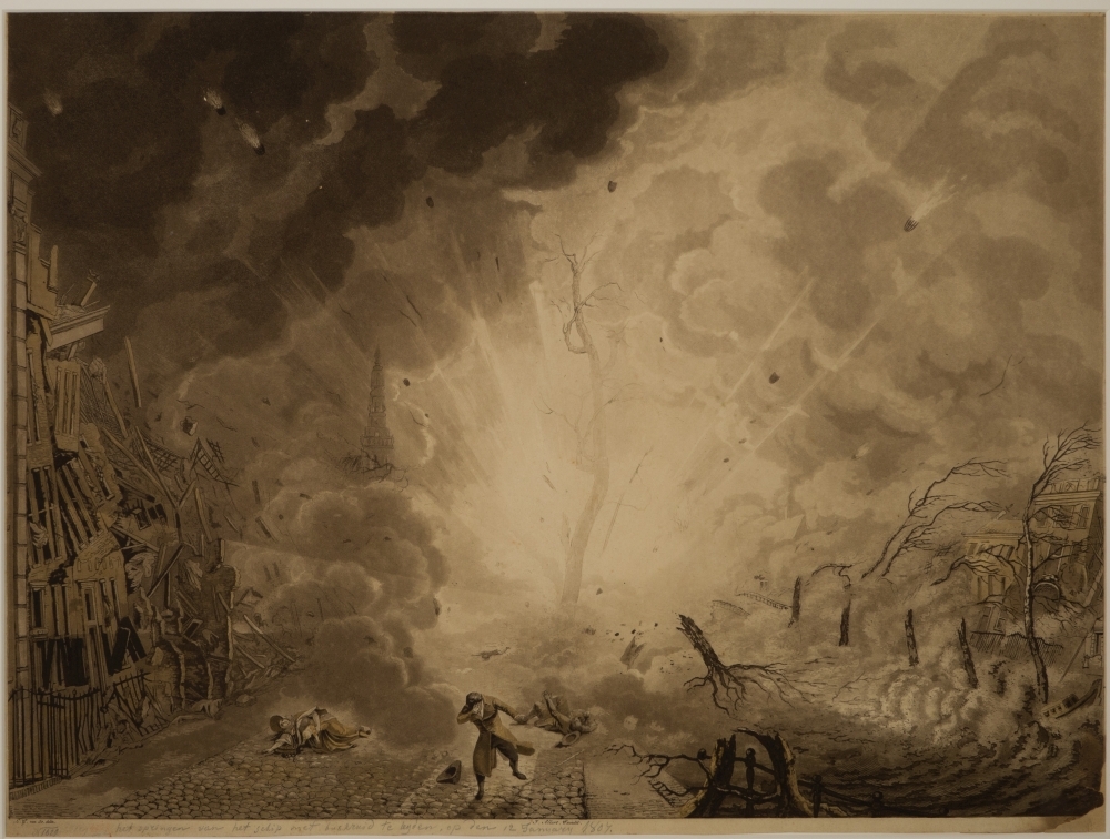 Het springen van het schip met buskruid te Leyden, op den 12 January 1807.