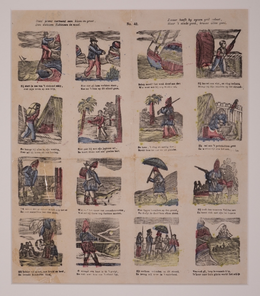 Deez' prent vertoont aan klein en groot, / Den dwazen Robinson in nood./ No.42.