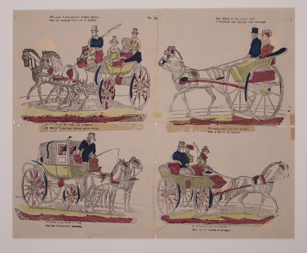 Zonder titel. Vier scenes van verschillende types rijtuigen met gezelschap.