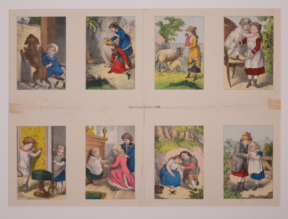 Zonder titel. Acht plaatjes van spelende/slapende/huilende kinderen.