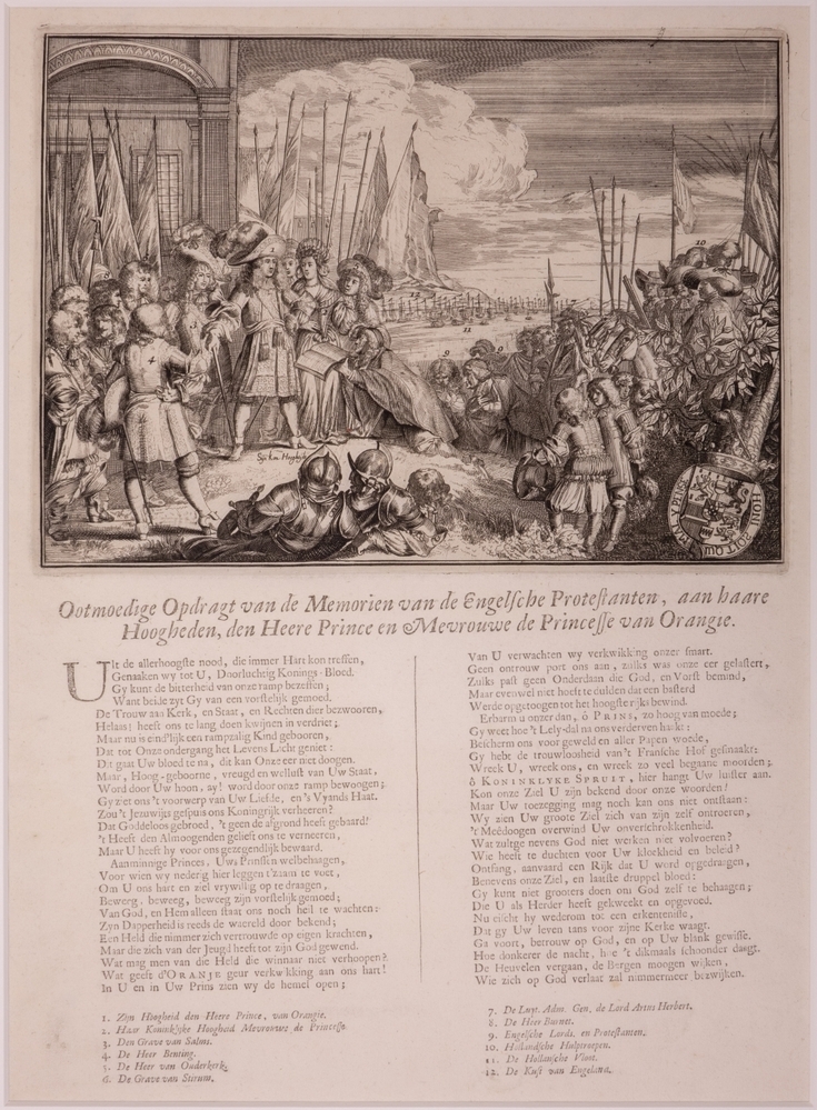 Allegorie op de Glorius Revolution, "Ootmoedige Opdragt van de Memorien van de Engelsche Protestanten, aan haare Hoogheden, den Heere Prince en Mevouwe de Princesse van Orangie."