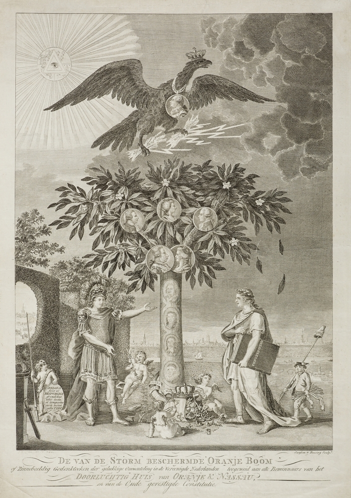 "DE VAN DE STORM BESCHERMDE ORANJE BOOM, of Zinnebeeldig Gedenkteeken der gelukkige Omwenteling in de Vereenigde Nederlanden toegeweid aan alle Beminnaars van het DOORLUCHTIGE HUIS van ORANJE & NASSAU, en van de Oude gevestigde Constitutie."