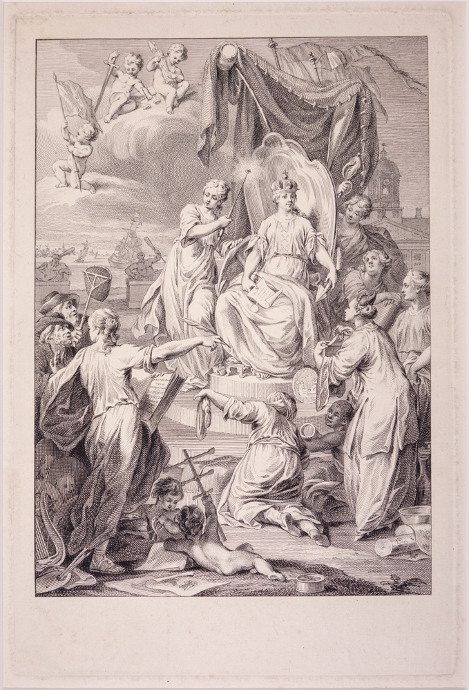 Titelblad van een boek van Wagenaar over Amsterdam. Zinnebeeldige voorstelling.