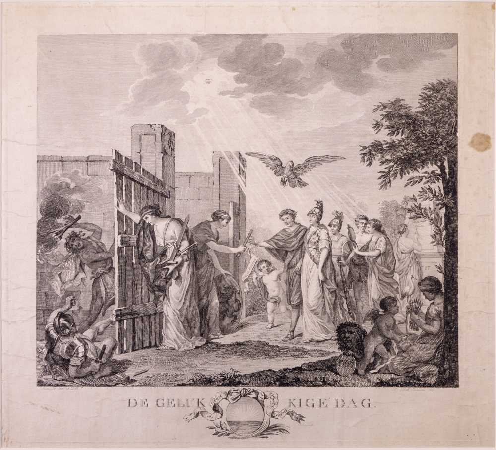 Zinneprent op het herstel van Willerm V tot stadhouder "DE GELUKKIGE DAG."