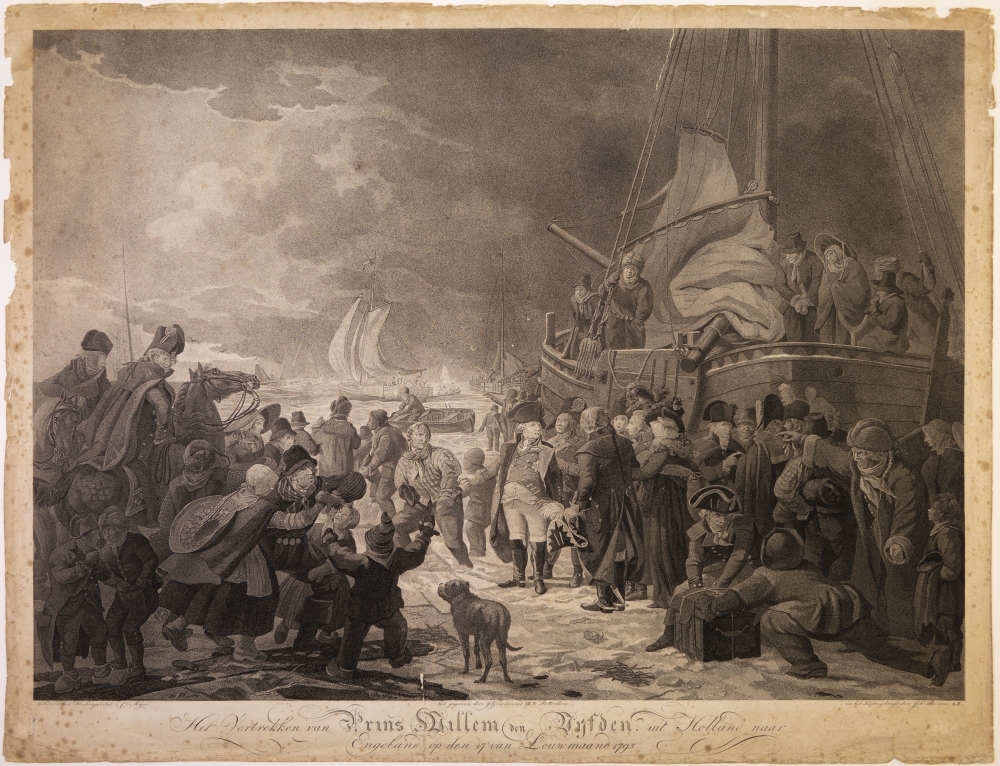 "Het vertrekken van Prins Willem den Vijfden. Uit Holland naar Engeland op den 17e van de Louwmaand 1795."