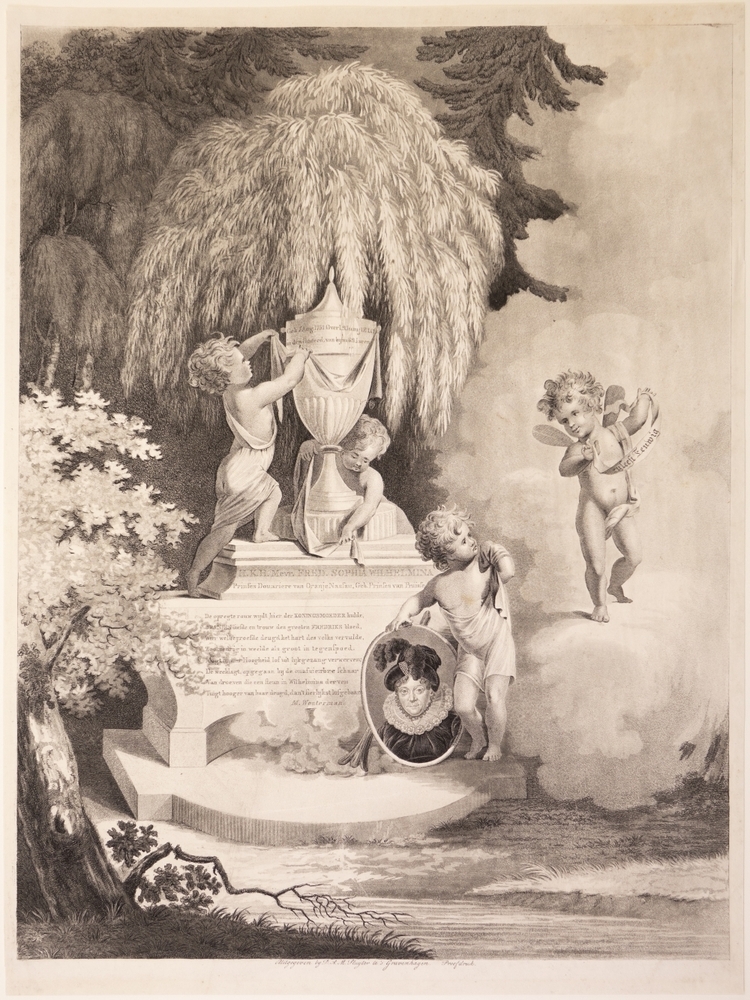 Zinneprent op de dood van Prinses Wilhelmina, weduwe van Willem V.