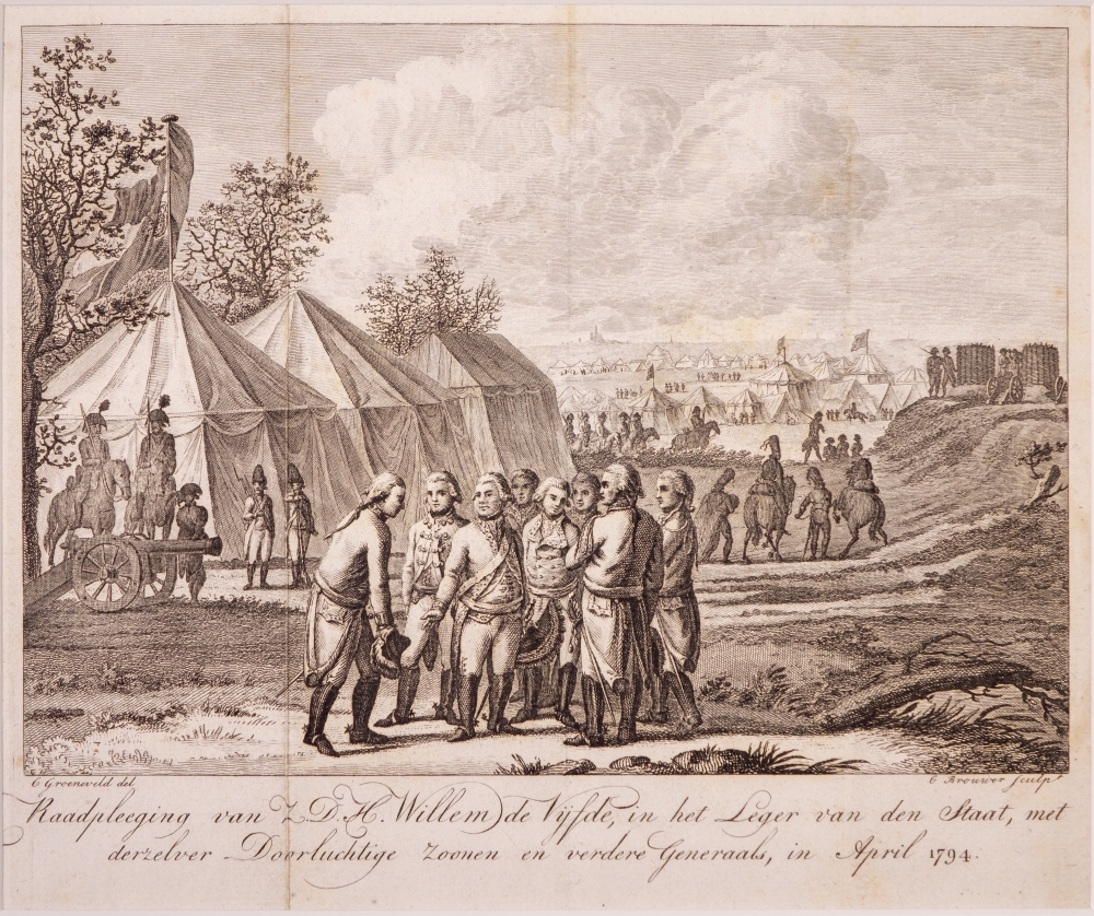 Raadpleging van Prins Willem V in het leger van de Staat met zijn zonen en generaals.