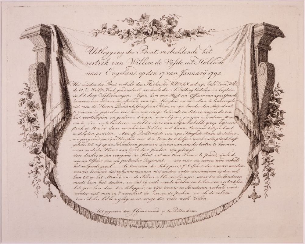 "Het Vertrekken van Prins Willem den Vijfden. Uit Holland naar Engeland. Op den 17d van Louwmaand 1795." Uitlegging der Print ... .
