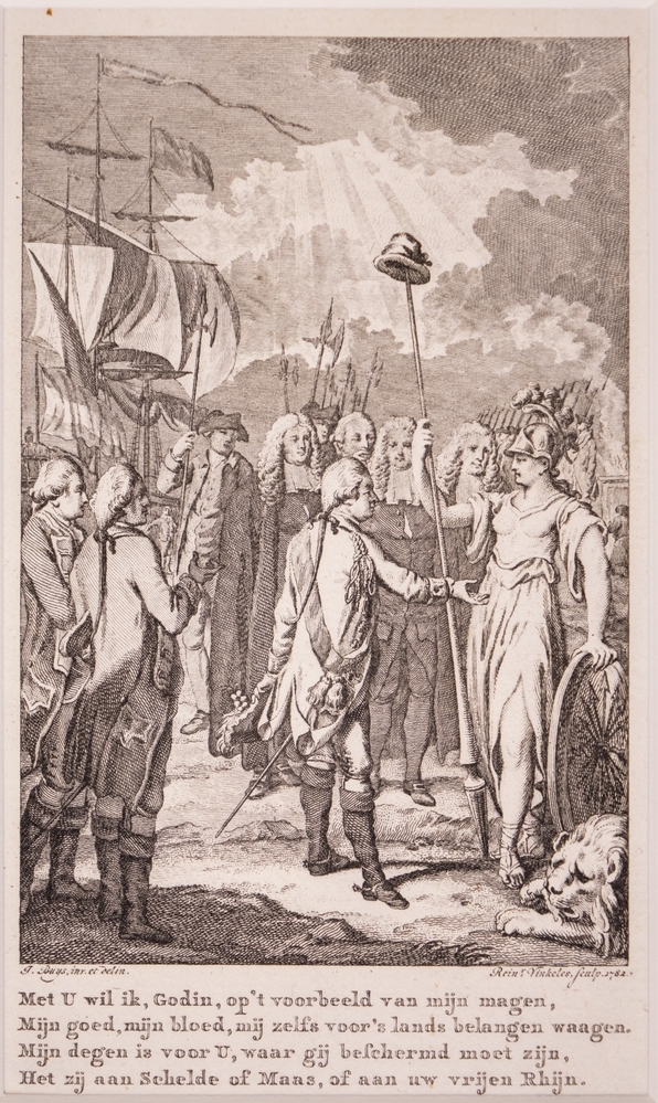 Zinn. voorstelling van Willem V met de Nederlandse maagd.