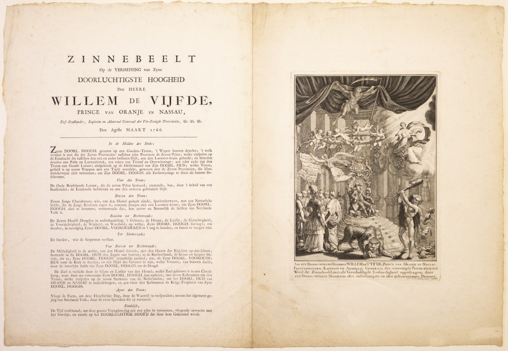 Zinneprent op de opdracht van het Stadhouderschap door de Unie aan Prins Willem V.