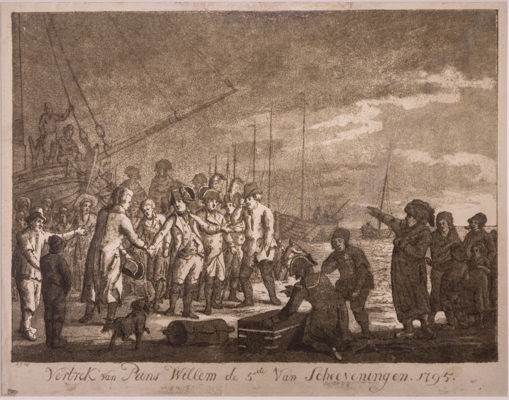 "Vertrek van Prins Willem de 5de Van Scheeveningen. 1795."