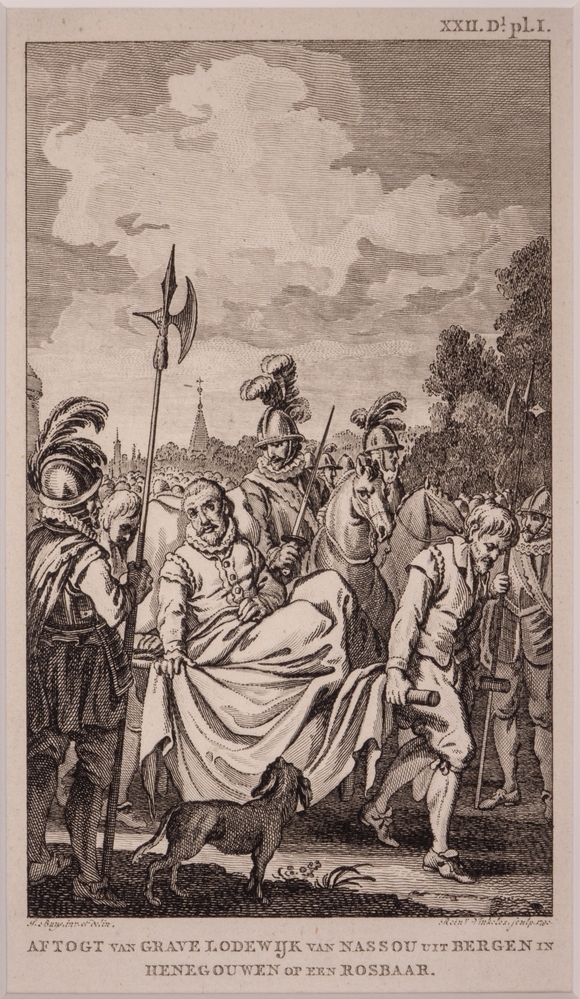 "AFTOGT VAN GRAVE LODEWIJK VAN NASSOU UIT BERGEN IN HENEGOUWEN OP EEN ROSBAAR."