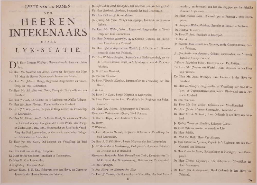 "NAUWKEURIGE AFBEELDING DER LIJK-STATIE VAN HAARE DOORLUCHTIGE HOOGHEID MARIA LOUISA, GEBOREN PRINCESSE VAN HESSEN-KASSEL, DOUAIRIERE VAN JOHAN WILLEM FRISO, PRINS VAN ORANGE EN NASSAU, ENZ. ENZ. ENZ."