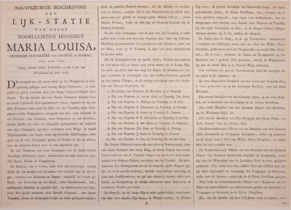 "NAUWKEURIGE AFBEELDING DER LIJK-STATIE VAN HAARE DOORLUCHTIGE HOOGHEID MARIA LOUISA, GEBOREN PRINCESSE VAN HESSEN-KASSEL, DOUAIRIERE VAN JOHAN WILLEM FRISO, PRINS VAN ORANGE EN NASSAU, ENZ. ENZ. ENZ."