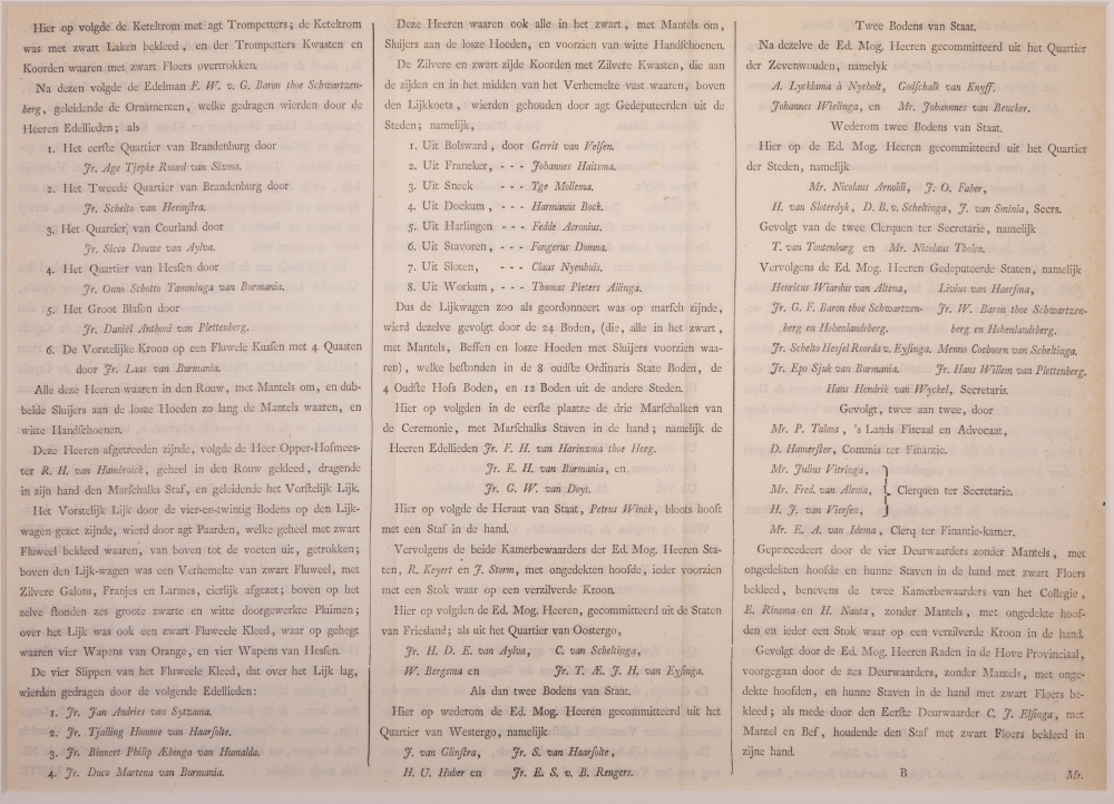 "NAUWKEURIGE AFBEELDING DER LIJK-STATIE VAN HAARE DOORLUCHTIGE HOOGHEID MARIA LOUISA, GEBOREN PRINCESSE VAN HESSEN-KASSEL, DOUAIRIERE VAN JOHAN WILLEM FRISO, PRINS VAN ORANGE EN NASSAU, ENZ. ENZ. ENZ."