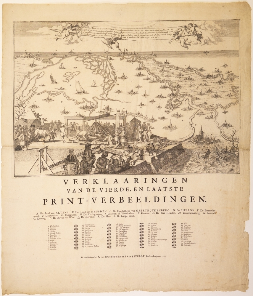 Vierde plaat van een reeks prenten over de overstromingen. "VIERDE PLAATv. de overstroom. in h. land v. Altena, Heusden, Geertruydenberg, Biesbos, en afbeeld. v. de Kettingmolen om 'land door te malen."