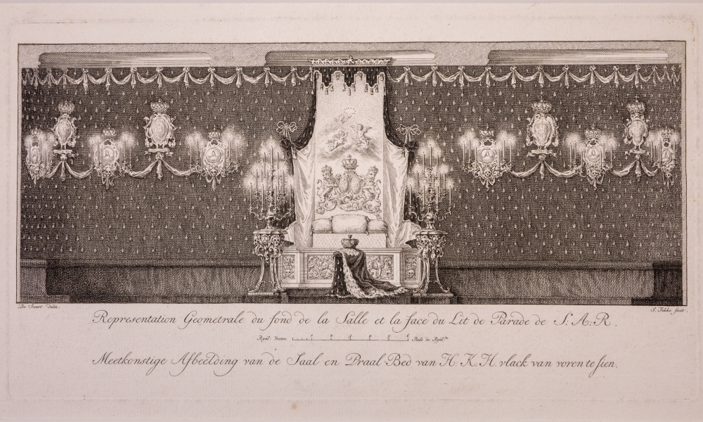 Afbeelding van de zaal en het praalbed van Anna, weduwe van Willem IV.