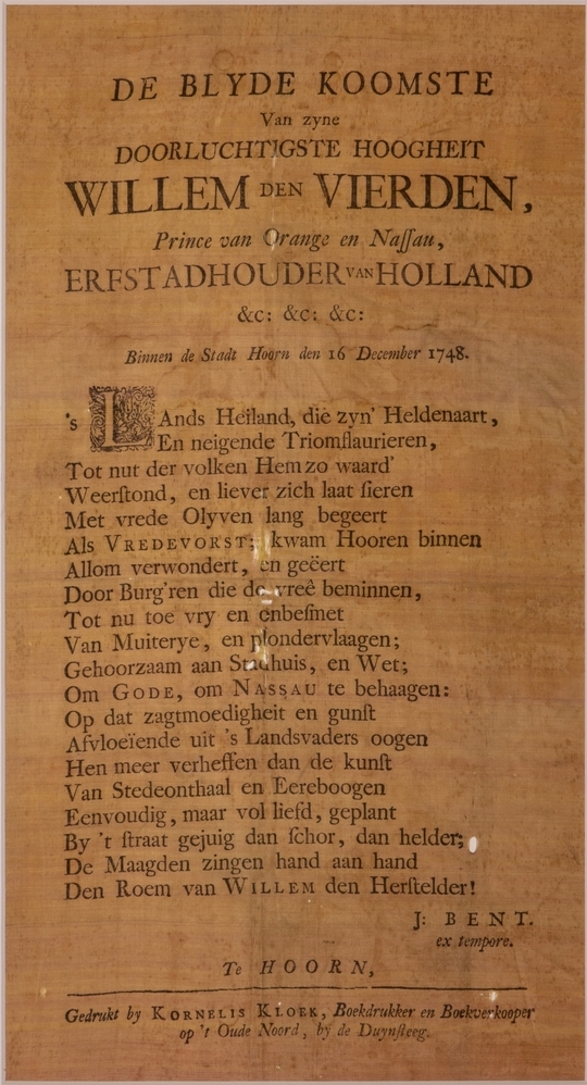 De blyde Koomste van zyne doorluchtigste hoogheit WILLEM DEN VIERDEN Prince van Oranje en Nassau, ERFSTADHOUDER VAN HOLLAND &c: &c: &c: Binnen de Stadt Hoorn den 16 December 1748."