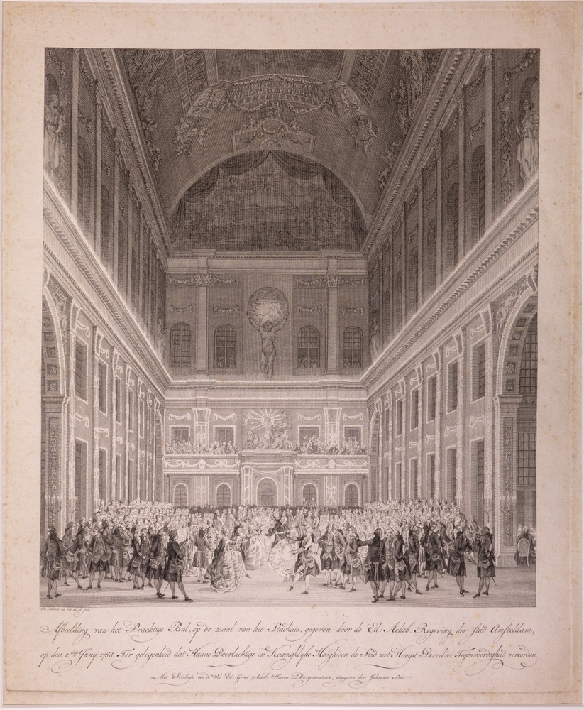 Inkomst en verblijf van Willem V en Wilhelmina in Amsterdam met de vreugdebedrijven en plechtigheden aldaar. "Prachtig bal op het Stadhuis."