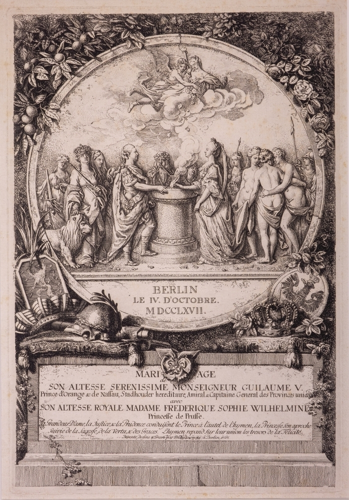 Zinneprent op het huwelijk van Willem V en Wilhelmina van Pruisen wat zich in Berlijn voltrokken heeft.