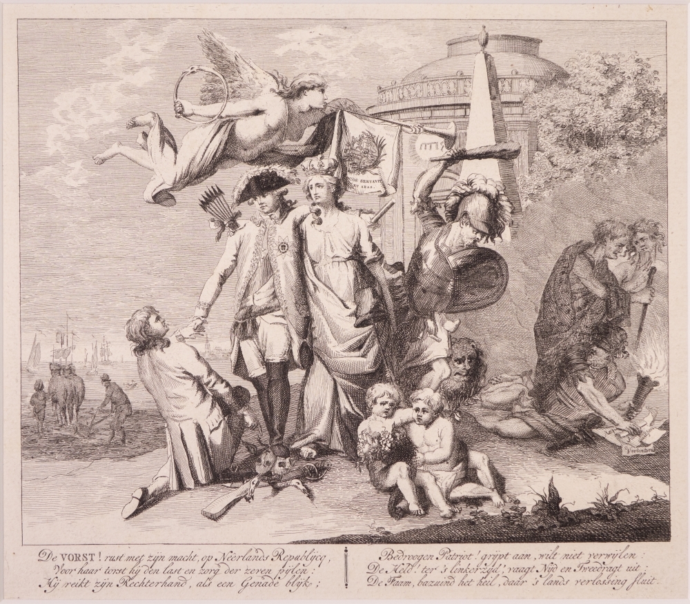 Zinneprent op het herstel van de Stadhouder Willem V. "De VORST!  rust met zijn macht..."